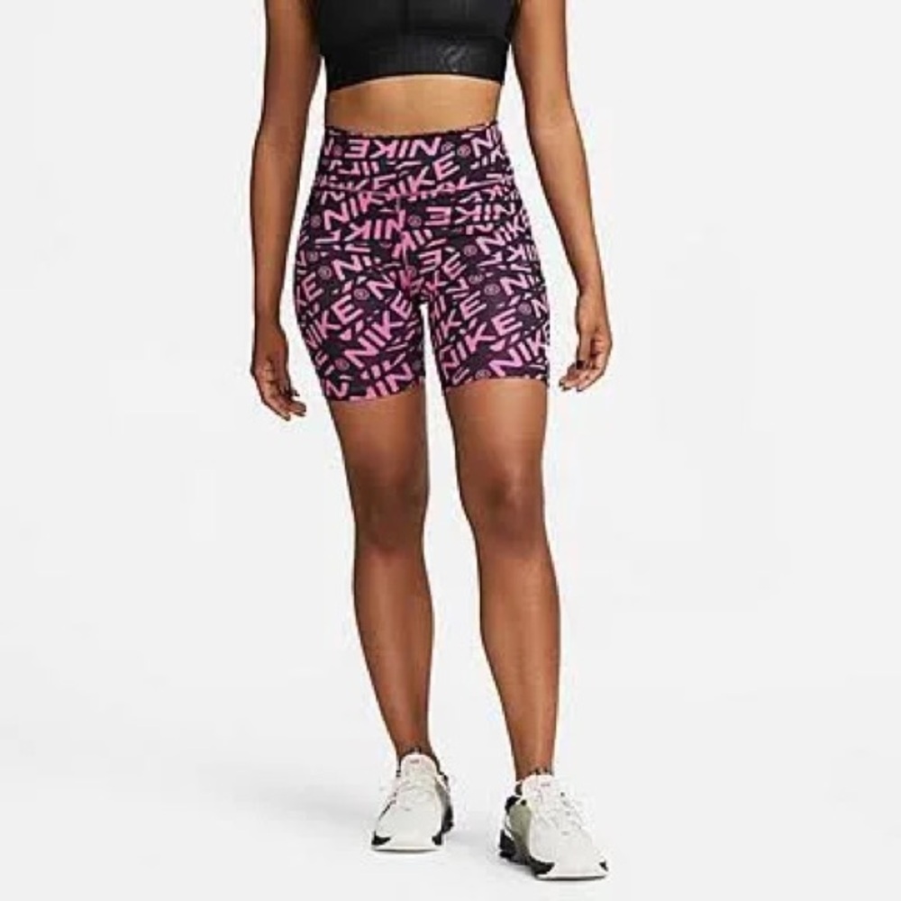 Nike One Women  7" Cosmic Fuchsia Printed Mid-Rise Biker Shorts Size XS